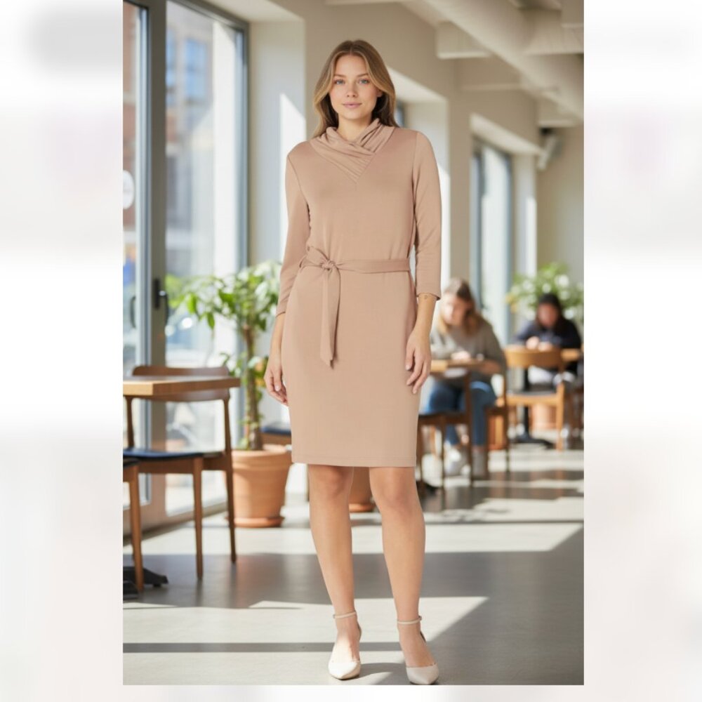 NWT Calvin Klein 3/4 Sleeve Scarf Cowl Neck Belted Midi Dress Small